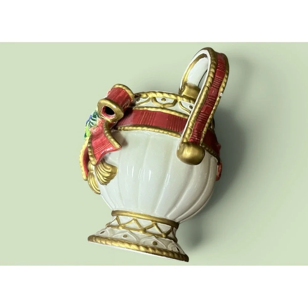 Fitz & Floyd Christmas Deer Creamer Sugar Bowl Spoon Red Bow Ribbon Tassel VTG